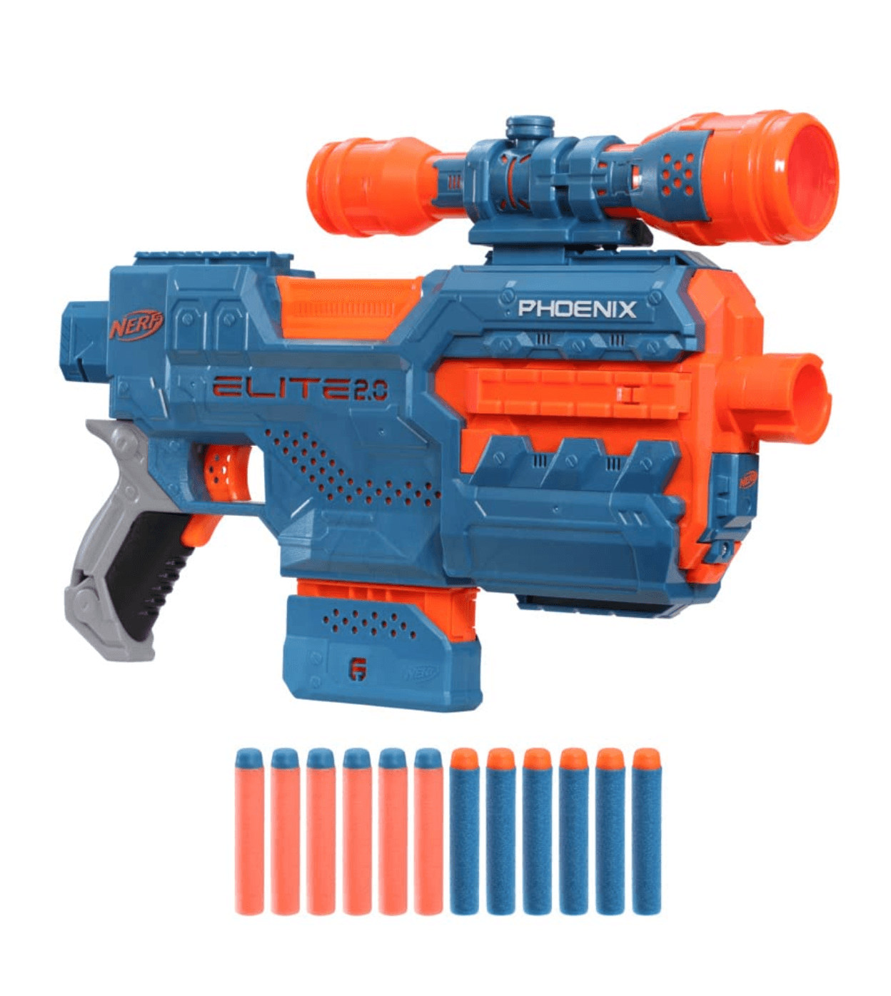 NERF Elite 2.0 Phoenix Cs-6 Motorized Blaster, 12 Darts, 6-Dart Clip, Scope, Tactical Rails