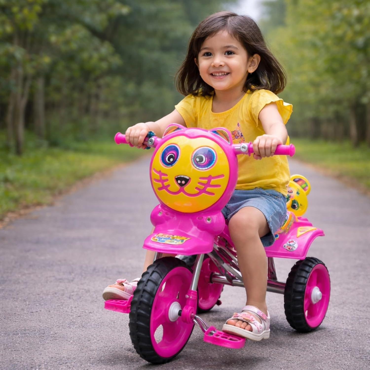 Kids Tricycle for 1–4 Years – Cartoon Cat Face Baby Tricycle with Pedals, Backrest Seat & Stable 3-Wheel Design (Pink)