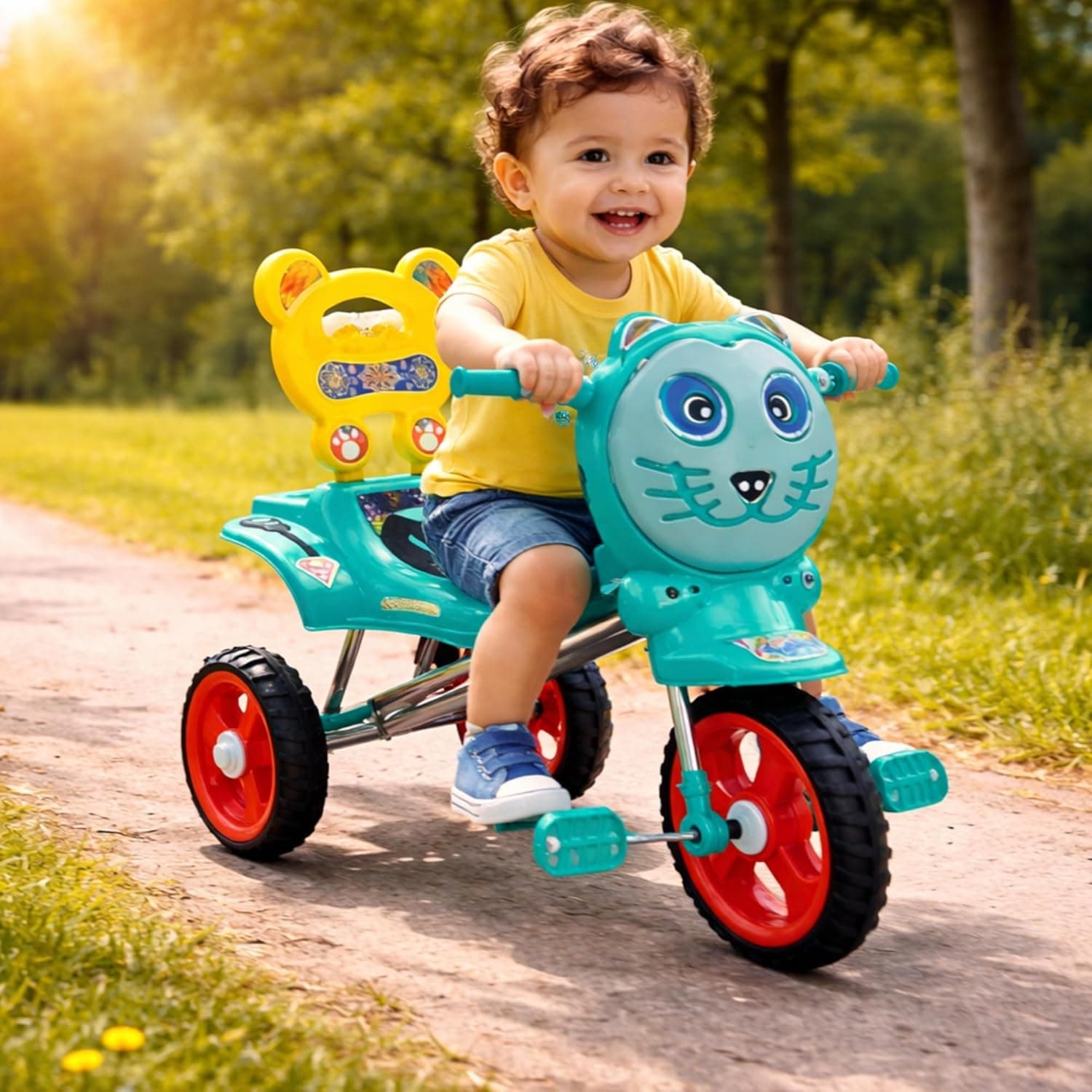 GURTOY® Cat Style Green Kids Tricycle for 2–5 Years | Cartoon Baby Pedal Tricycle with Backrest Seat & Safety Handle | Stable 3-Wheel Ride-On for Indoor & Outdoor Use