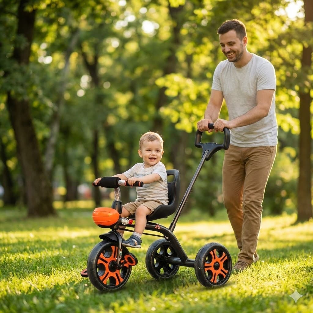 Kids Tricycle with Parent Push Handle & Backrest | 3 Wheel Pedal Cycle for Toddlers 2–5 Years | Black & Orange Ride-On with Control Bar