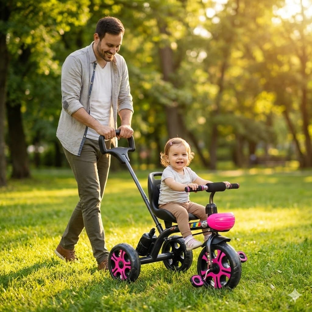 Kids Tricycle with Parent Push Handle, Backrest & Bottle Holder | 3 Wheel Pedal Cycle for Toddlers 2–5 Years | Black & Pink Ride-On