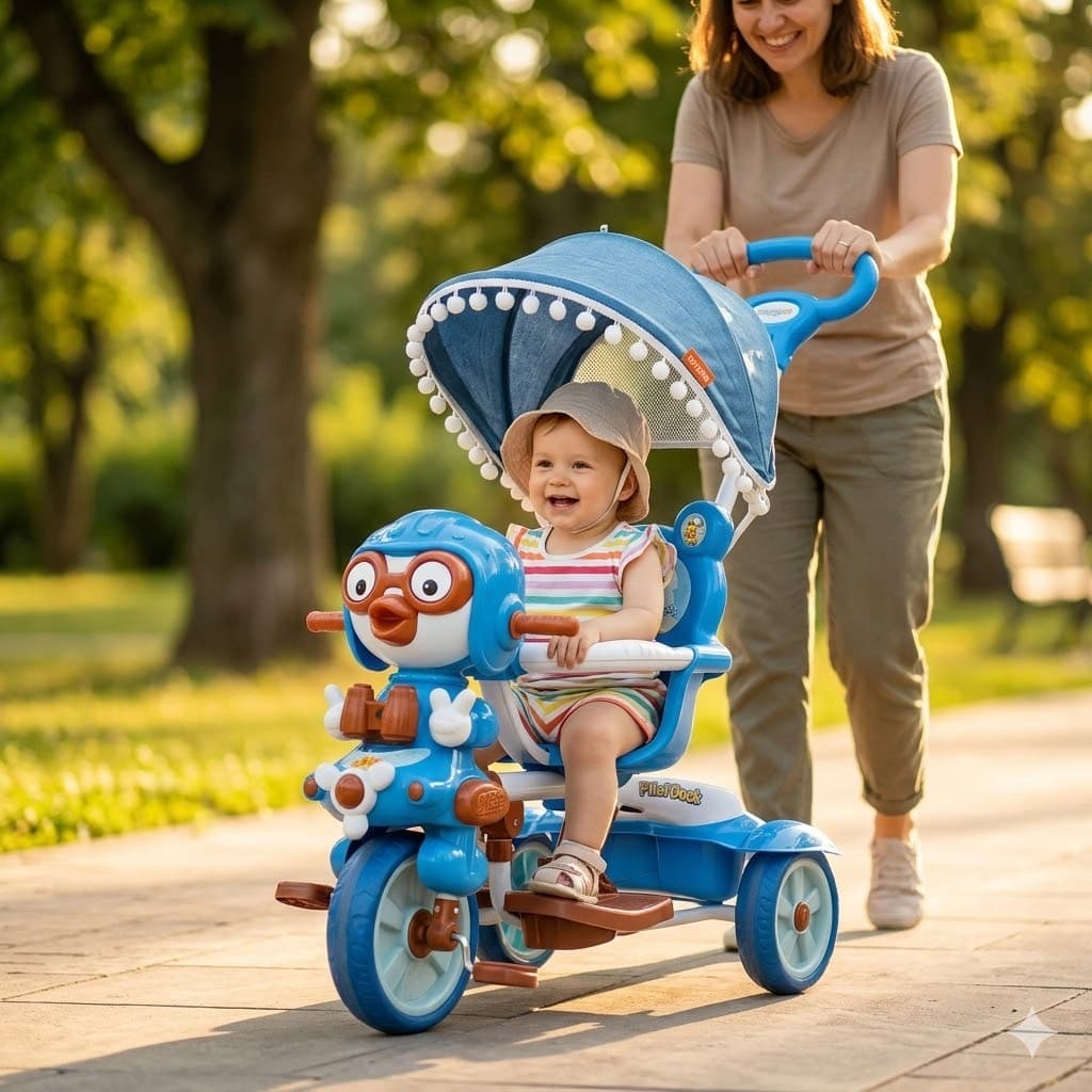 Kids Tricycle with Parent Push Handle & Canopy – Musical Toddler Trike with Safety Seat (Blue)