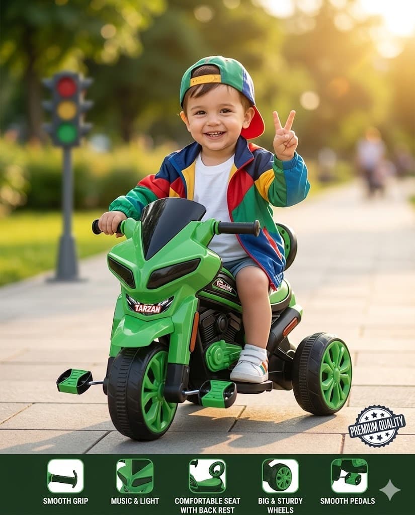 Kids Motorcycle Tricycle with Music, LED Lights & Backrest – Premium Pedal Ride-On Bike