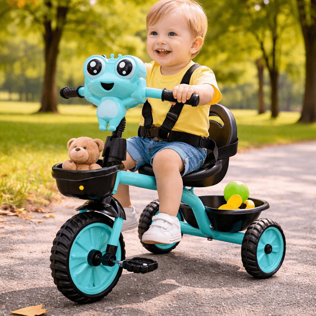 Kids Tricycle for 2 to 5 Years, Baby Trike with Safety Belt & Back Support, Toddler Pedal Cycle with Storage Basket & Music, Ride On Toy for Boys & Girls Indoor Outdoor