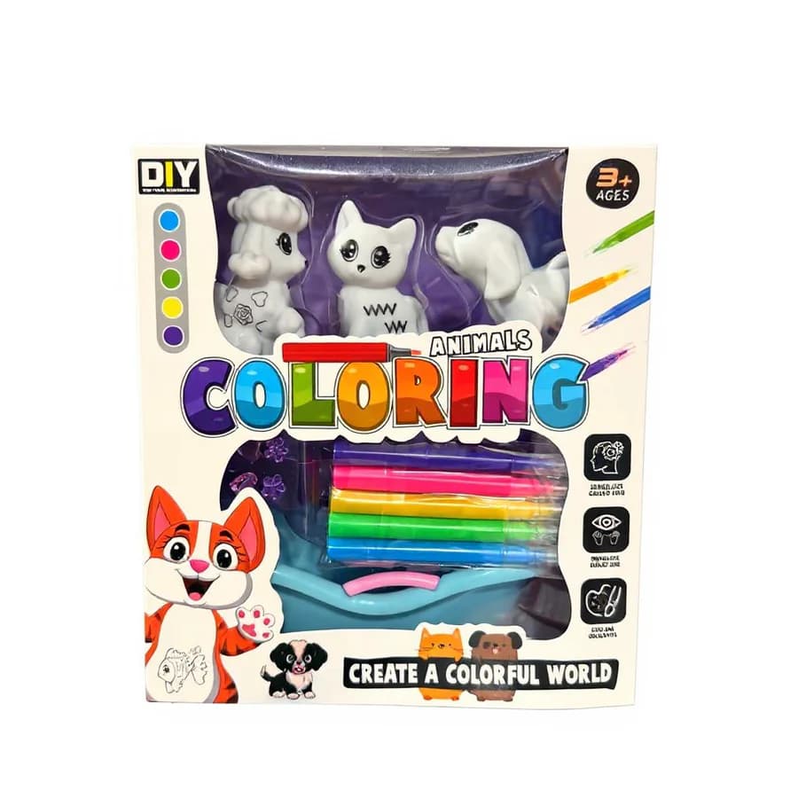 GURTOY® DIY Animals Coloring Set for Kids with 3 Animal Figures & Color Pens