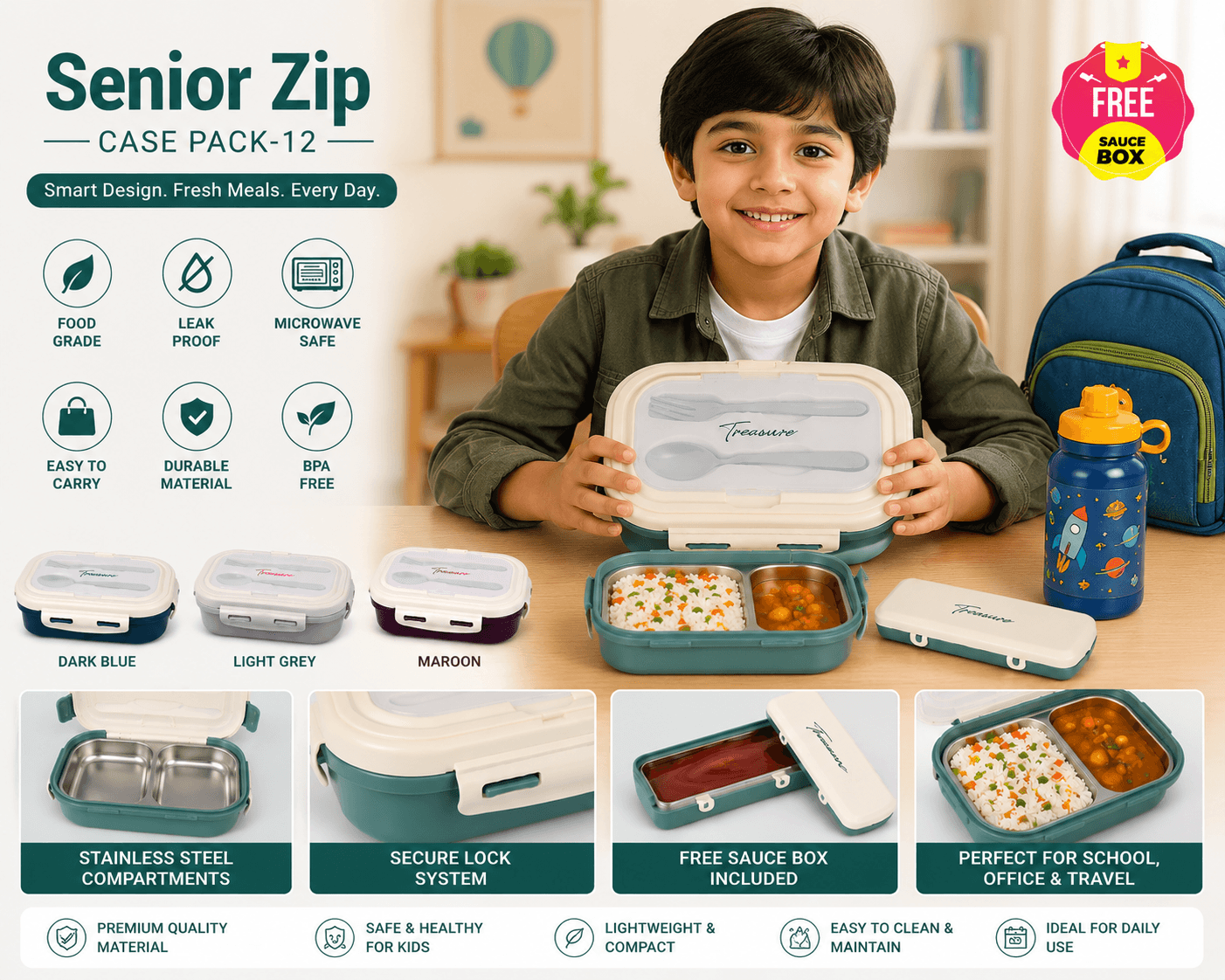GURTOY® Senior Zip Leak Proof Kids Lunch Box with Free Sauce Box – BPA Free School Tiffin Box