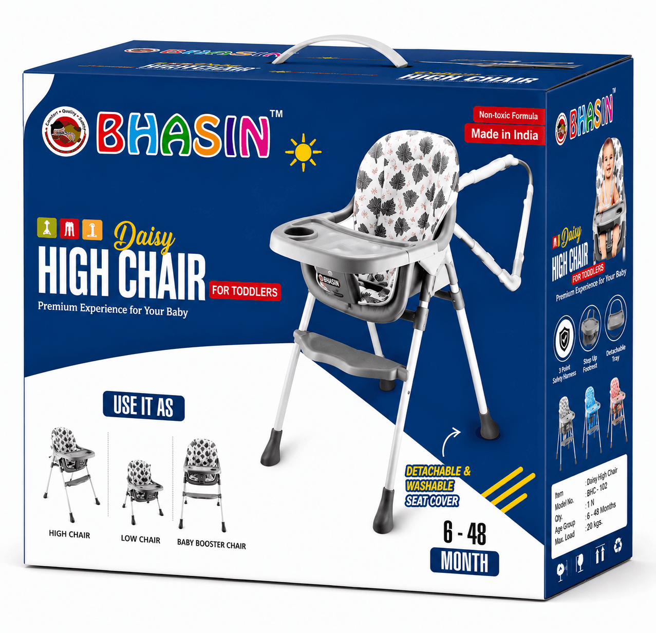 GURTOY® Foldable Baby High Chair for Toddlers | Adjustable Feeding Chair with Safety Belt