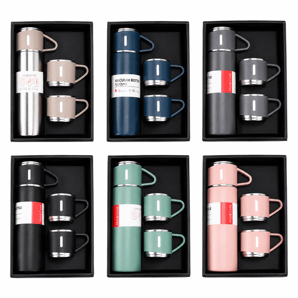 GURTOY® Premium Stainless Steel Vacuum Flask Gift Set 500ml with 2 Cups | Hot & Cold Insulated Bottle
