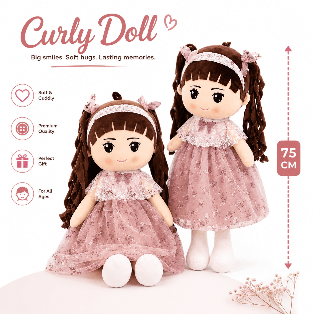 75CM Curly Doll Soft Toy for Girls | Premium Plush Teddy Doll | Pink Dress Stuffed Doll