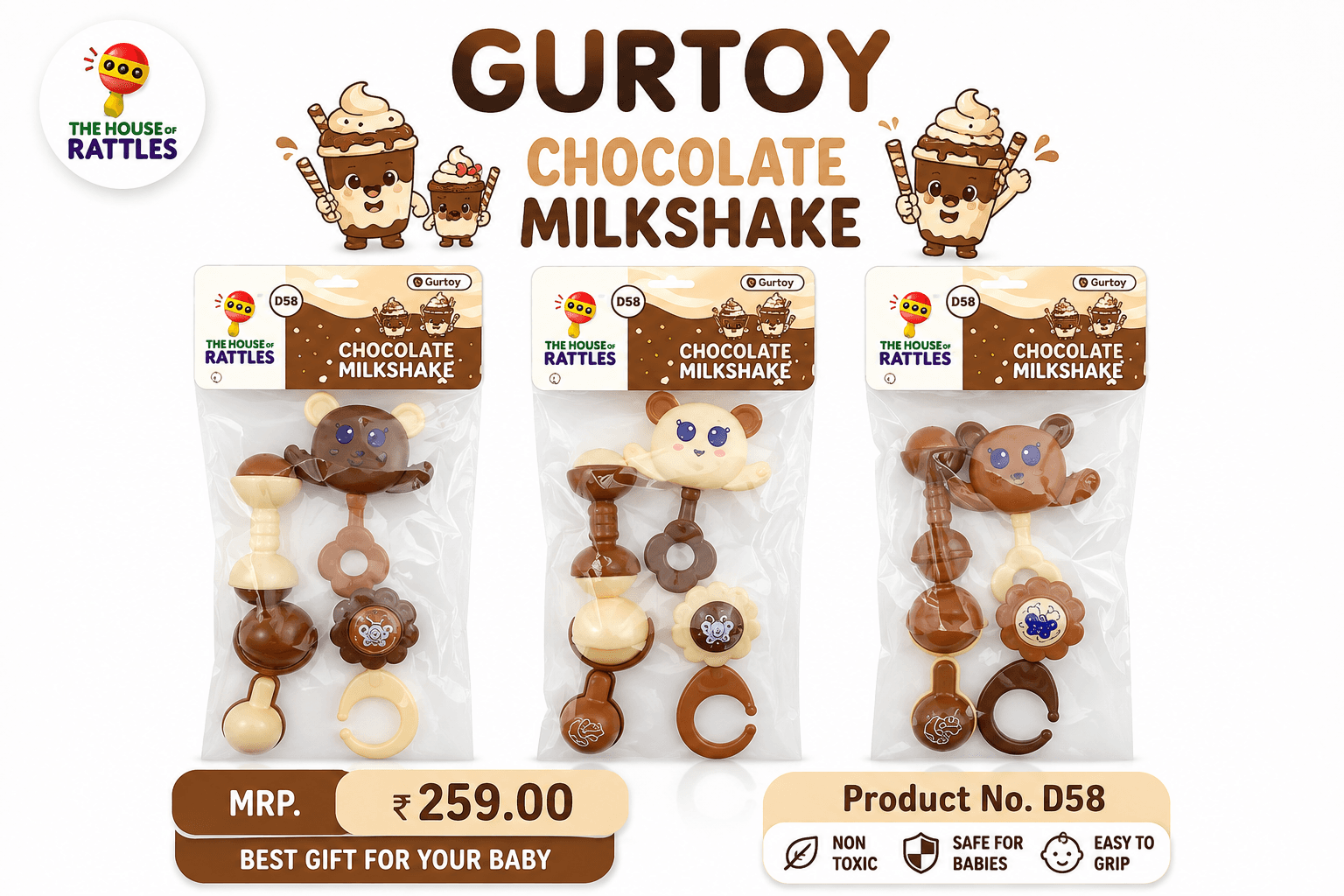 GURTOY® D58 Chocolate Milkshake Baby Rattle Gift Set | BPA-Free Sensory Rattles & Teether Toys for Newborns (0–12 Months)