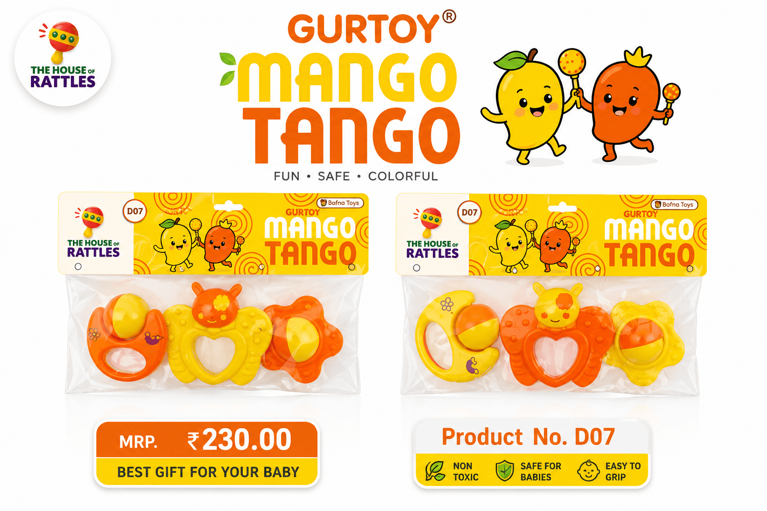 GURTOY® D07 Mango Tango Baby Rattle & Teether Gift Set | BPA-Free Sensory Toys for Newborn Babies (0–12 Months)
