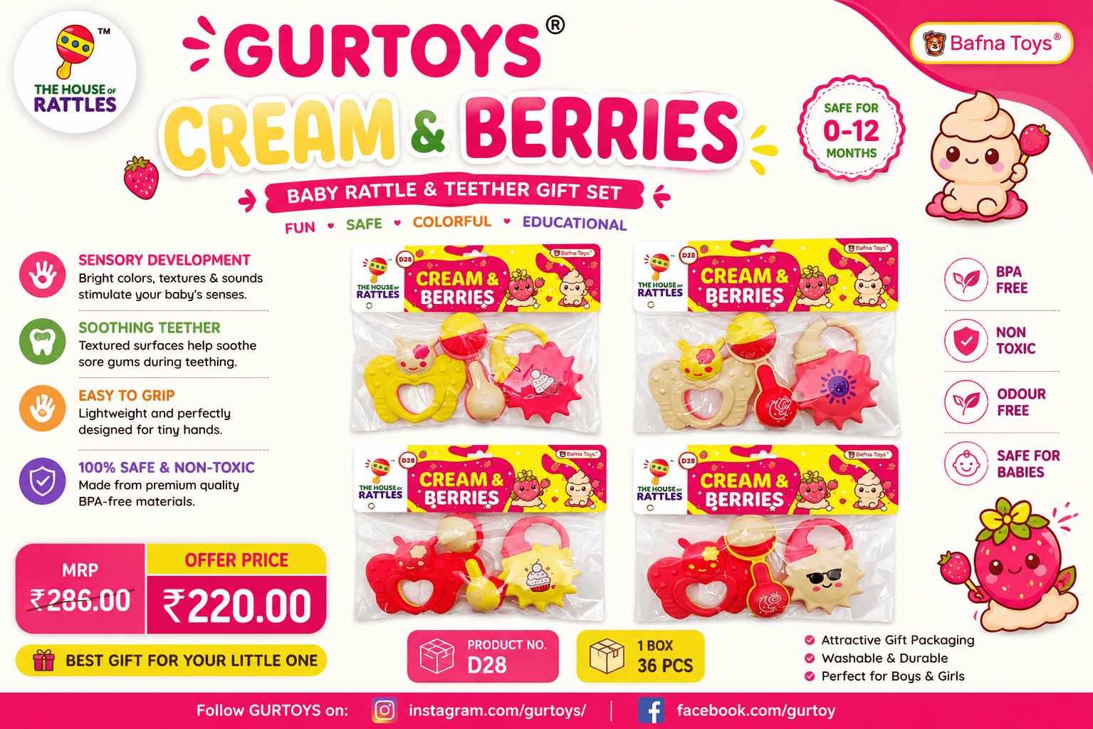 GURTOY® D28 Cream & Berries Baby Rattle & Teether Gift Set | BPA-Free Sensory Toys for Newborn Babies (0–12 Months)