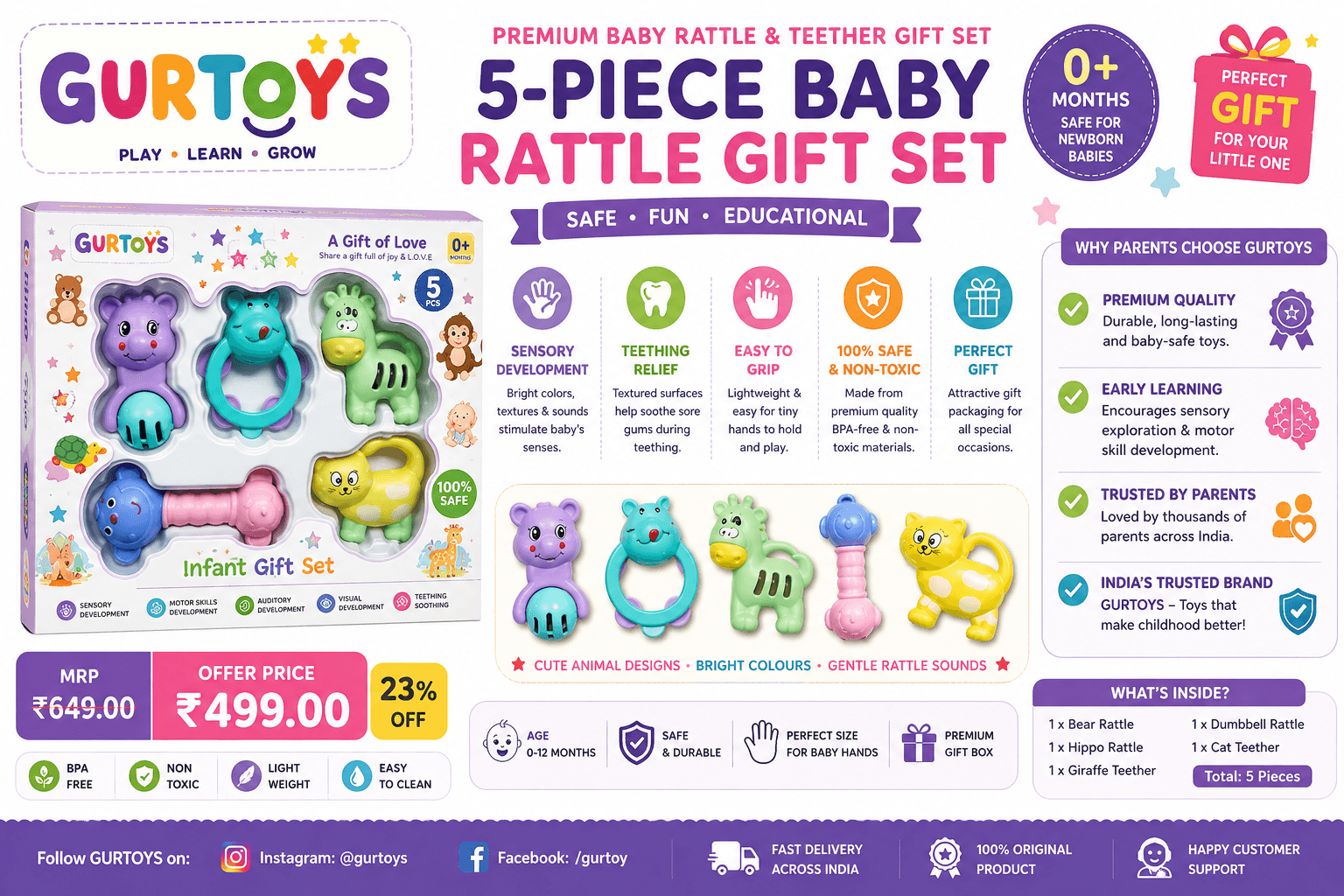 GURTOY® 5-Piece Baby Rattle & Teether Gift Set | BPA-Free Infant Sensory Toys for Newborn Babies (0–12 Months)