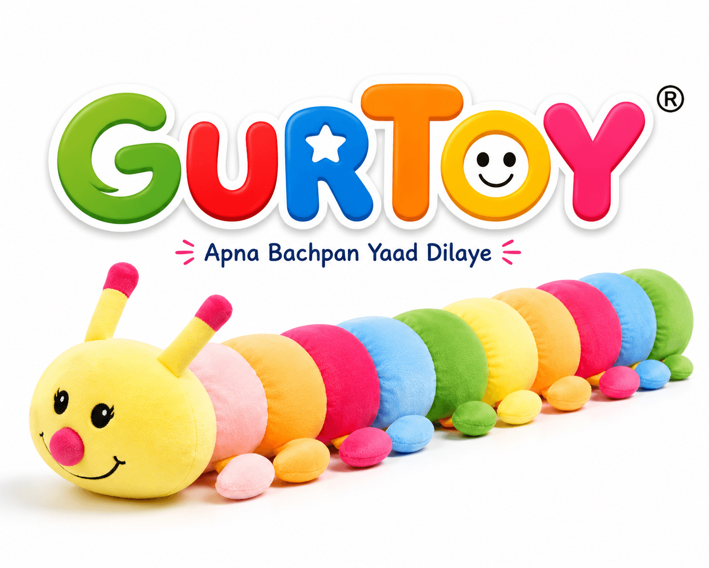 GURTOY® 100 CM Rainbow Caterpillar Soft Toy for Kids | Extra Long Plush Stuffed Animal Pillow for Babies & Toddlers (1–5 Years)