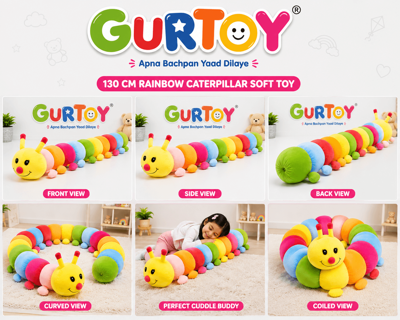URTOY® 130 CM Rainbow Caterpillar Soft Toy for Kids | Giant Plush Stuffed Animal Pillow for Babies & Toddlers (1–5 Years)