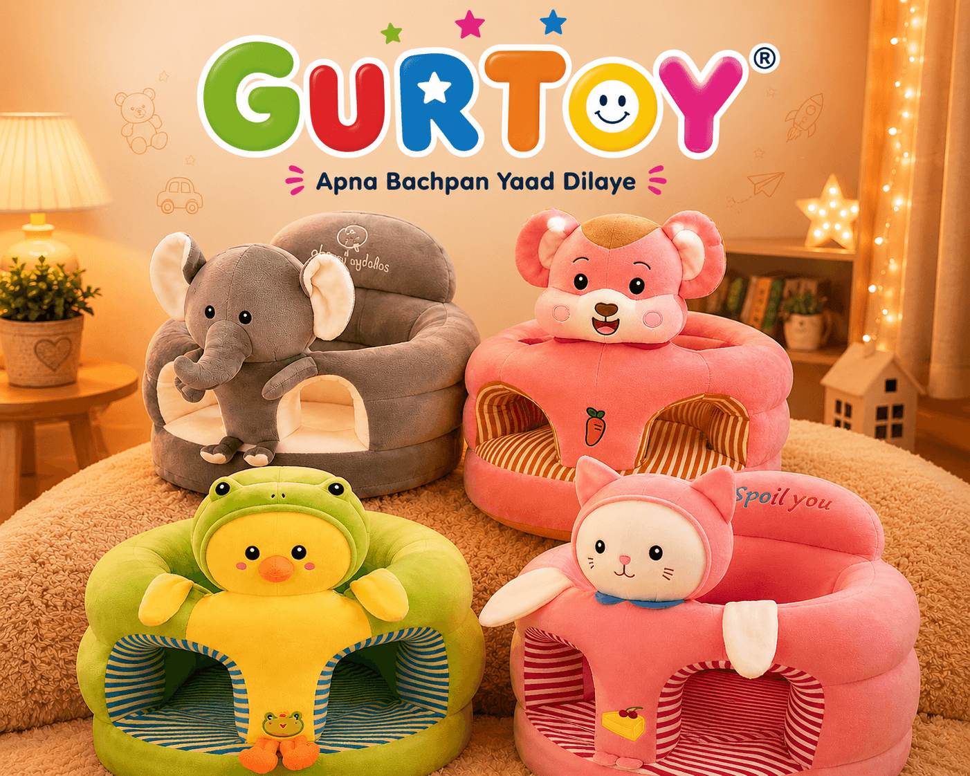 GURTOY® Animal Plush Baby Sofa Seat for Toddlers | Soft Support Learning Seat with Backrest (1–5 Years)