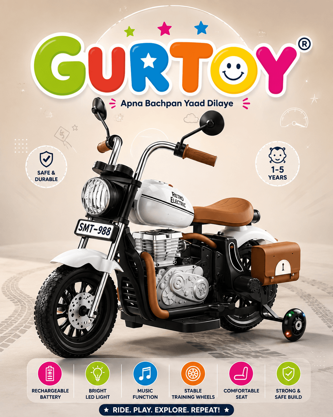 GURTOY® Retro Electric Ride-On Bike for Kids | Battery Operated Motorcycle with Training Wheels, Music & LED Lights (1–5 Years)
