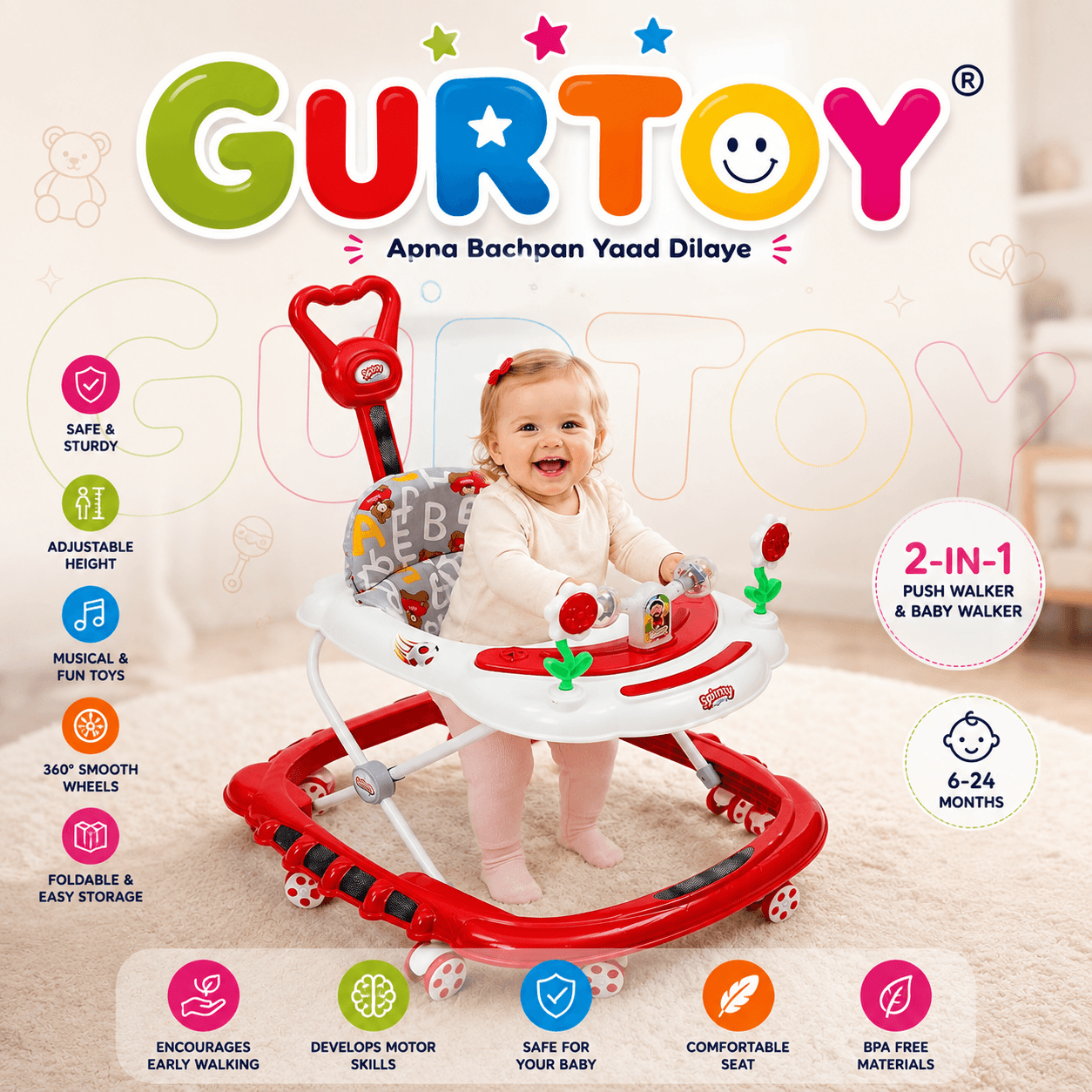GURTOY® 2-in-1 Baby Walker with Push Handle | Foldable Musical Baby Walker for Toddlers (6–24 Months)