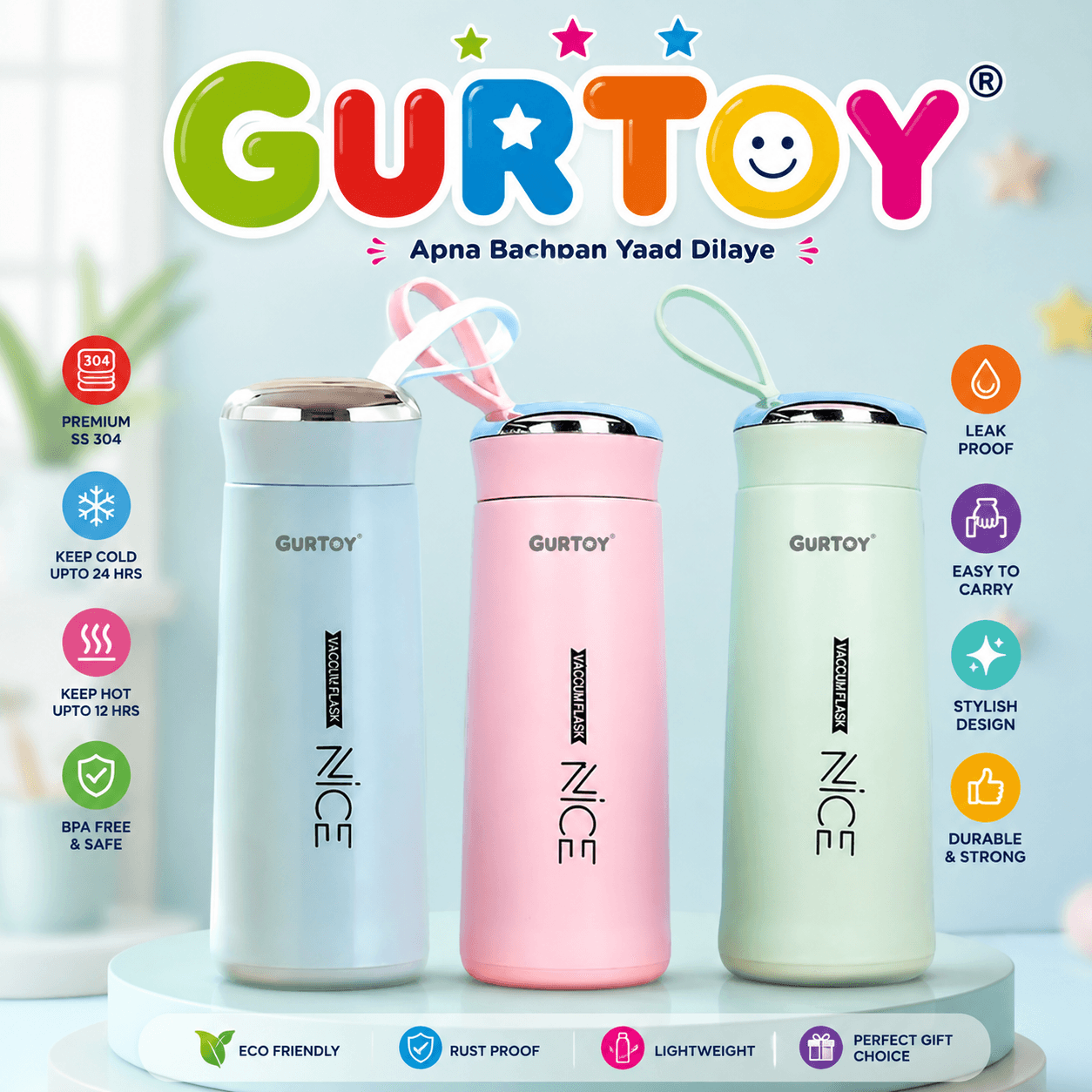 GURTOY® Premium Stainless Steel Vacuum Insulated Water Bottle | Hot & Cold Flask | Leak-Proof Travel Bottle (500ML)