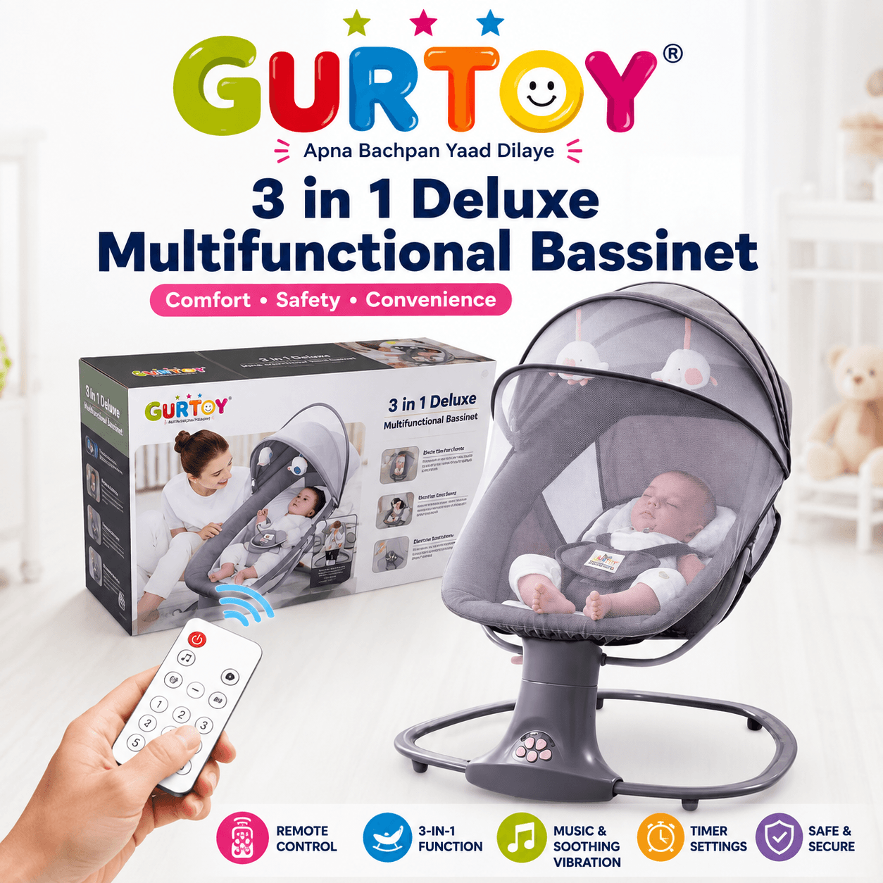 GURTOY® 3-in-1 Deluxe Multifunctional Electric Baby Bassinet with Remote Control | Automatic Baby Rocker, Mosquito Net & Music (0–18 Months)