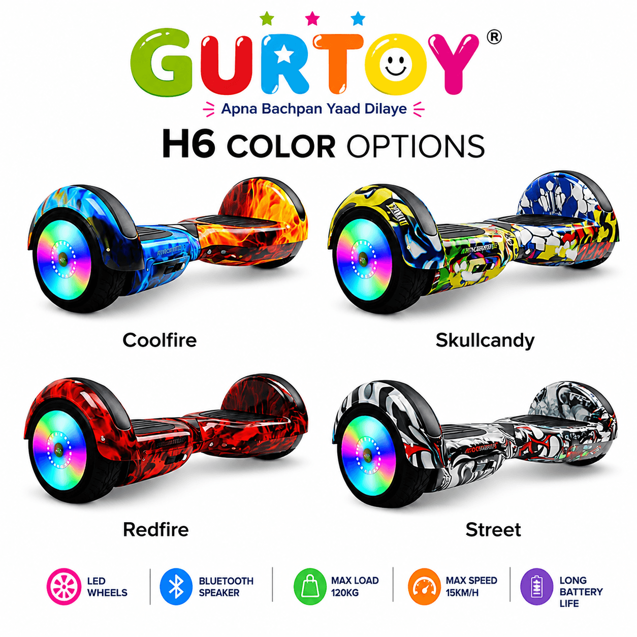 GURTOY® H6 Smart Self Balancing Hoverboard with Bluetooth Speaker & LED Wheels | Electric Hoverboard for Kids & Teens