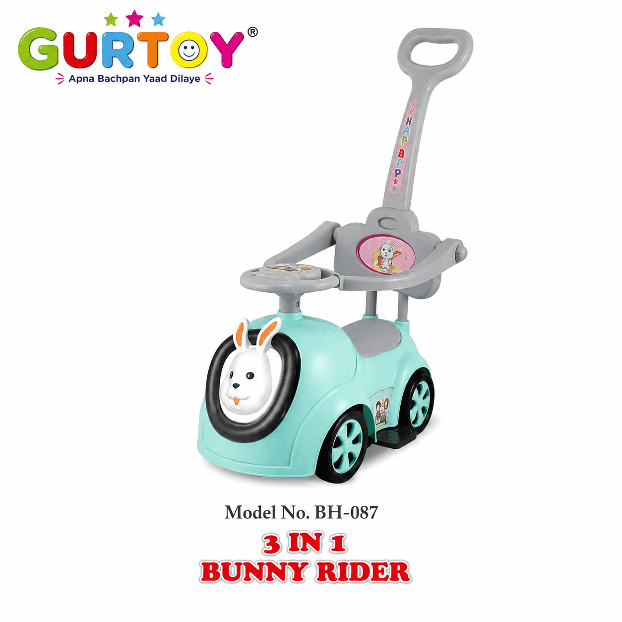 GURTOY® 3-in-1 Bunny Rider Push Car for Kids with Parent Handle | Ride-On Car, Walker & Push Ride (1–5 Years)
