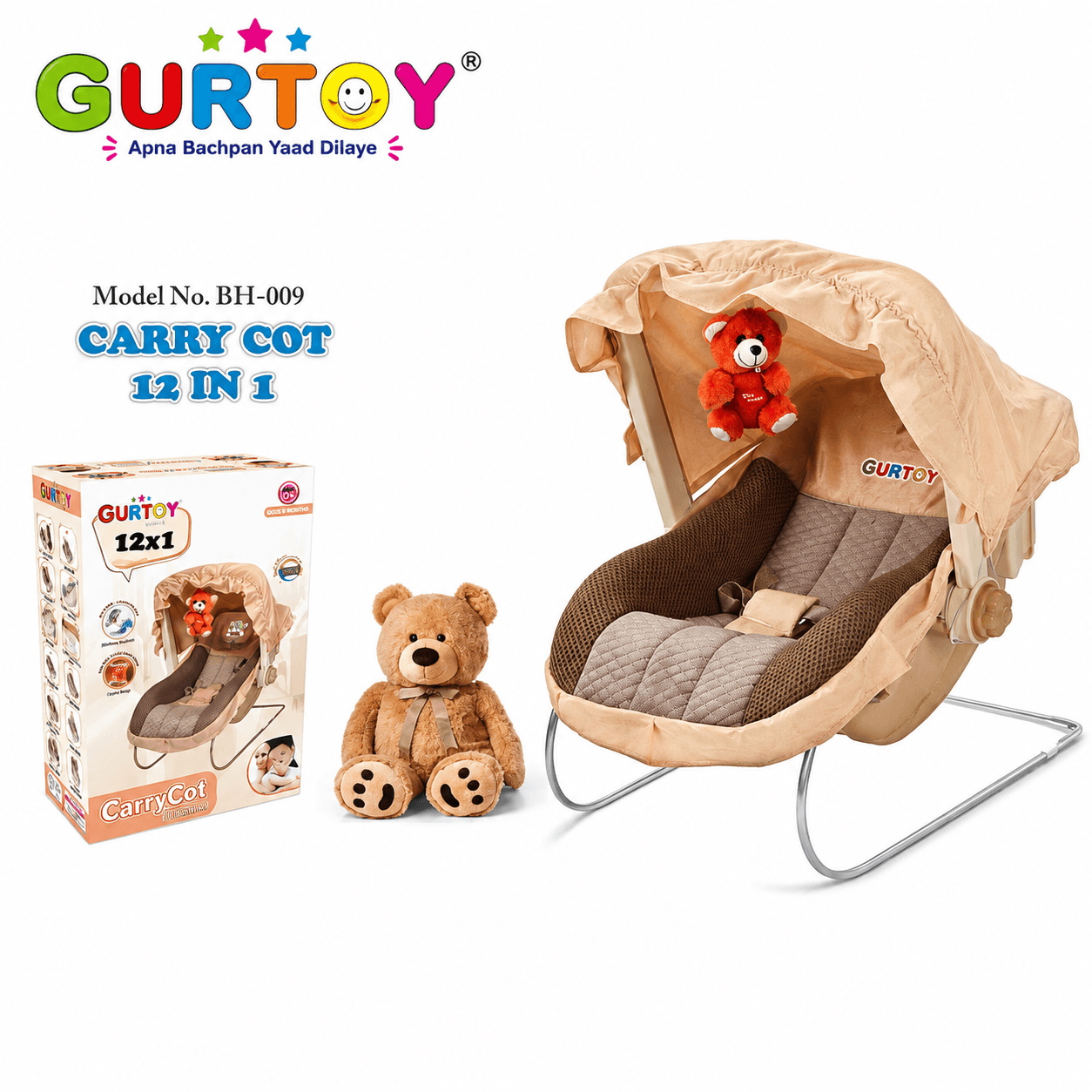 GURTOY® 12-in-1 Baby Carry Cot & Rocker with Canopy | Portable Infant Bassinet, Baby Seat & Travel Carrier (0–24 Months)