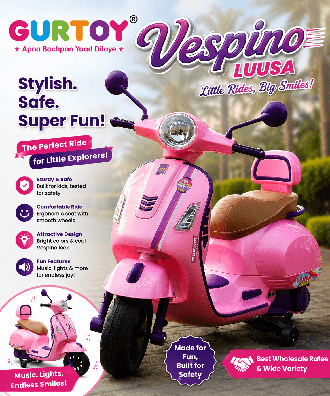 GURTOY® Vespino Electric Ride-On Scooter for Kids with Music, Lights & Rechargeable Battery | Battery Operated Ride-On Bike (Age 2-6 Years)