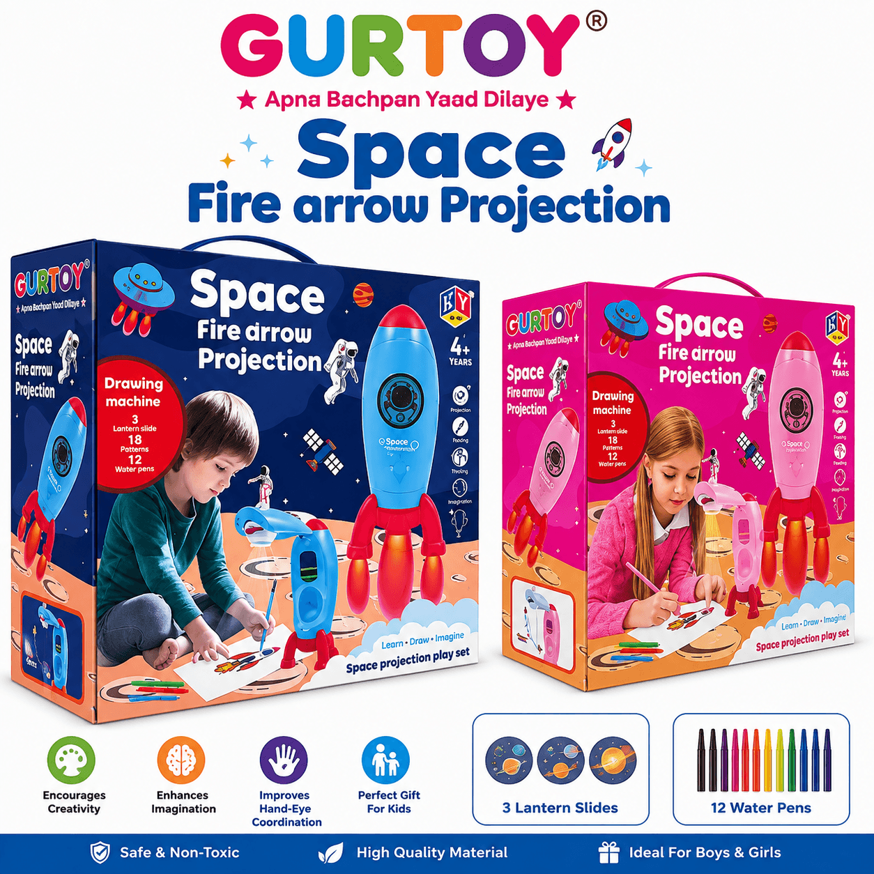 GURTOY® Space Fire Arrow Projection Drawing Toy for Kids with 3 Projection Slides & 12 Water Pens | Educational Drawing Projector | Age 4+ Years