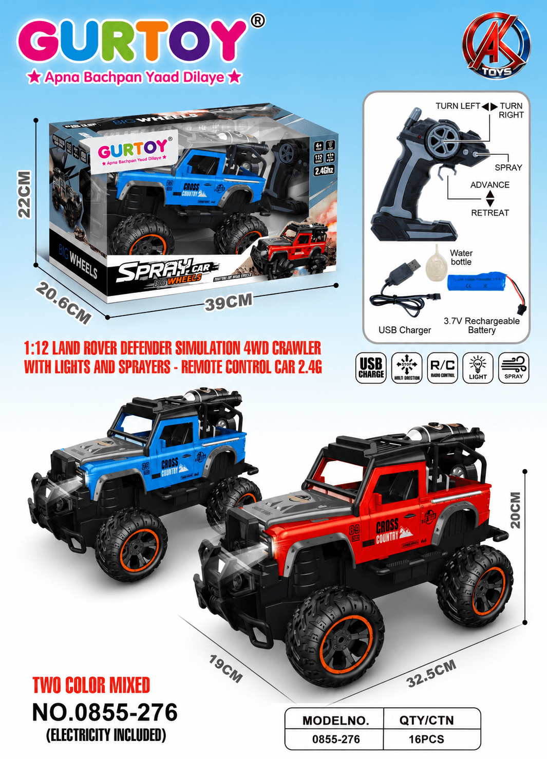 GURTOY® 1:12 Remote Control Spray RC Off-Road Car with Lights, 2.4GHz & Rechargeable Battery | 4WD Big Wheels Crawler for Kids