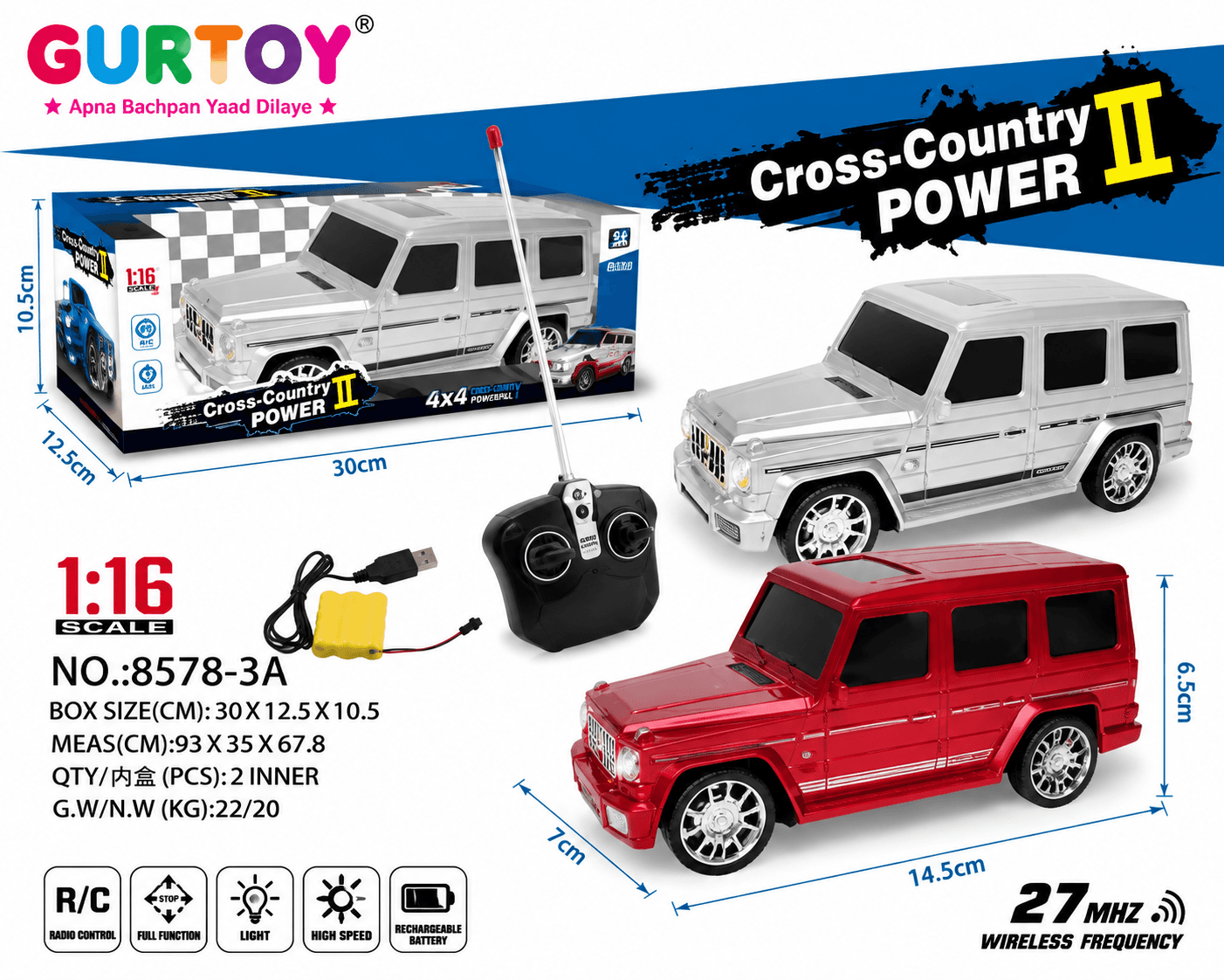 GURTOY® 1:16 Cross-Country Power II Rechargeable Remote Control SUV Car with Lights | 27MHz RC Off-Road Toy for Kids