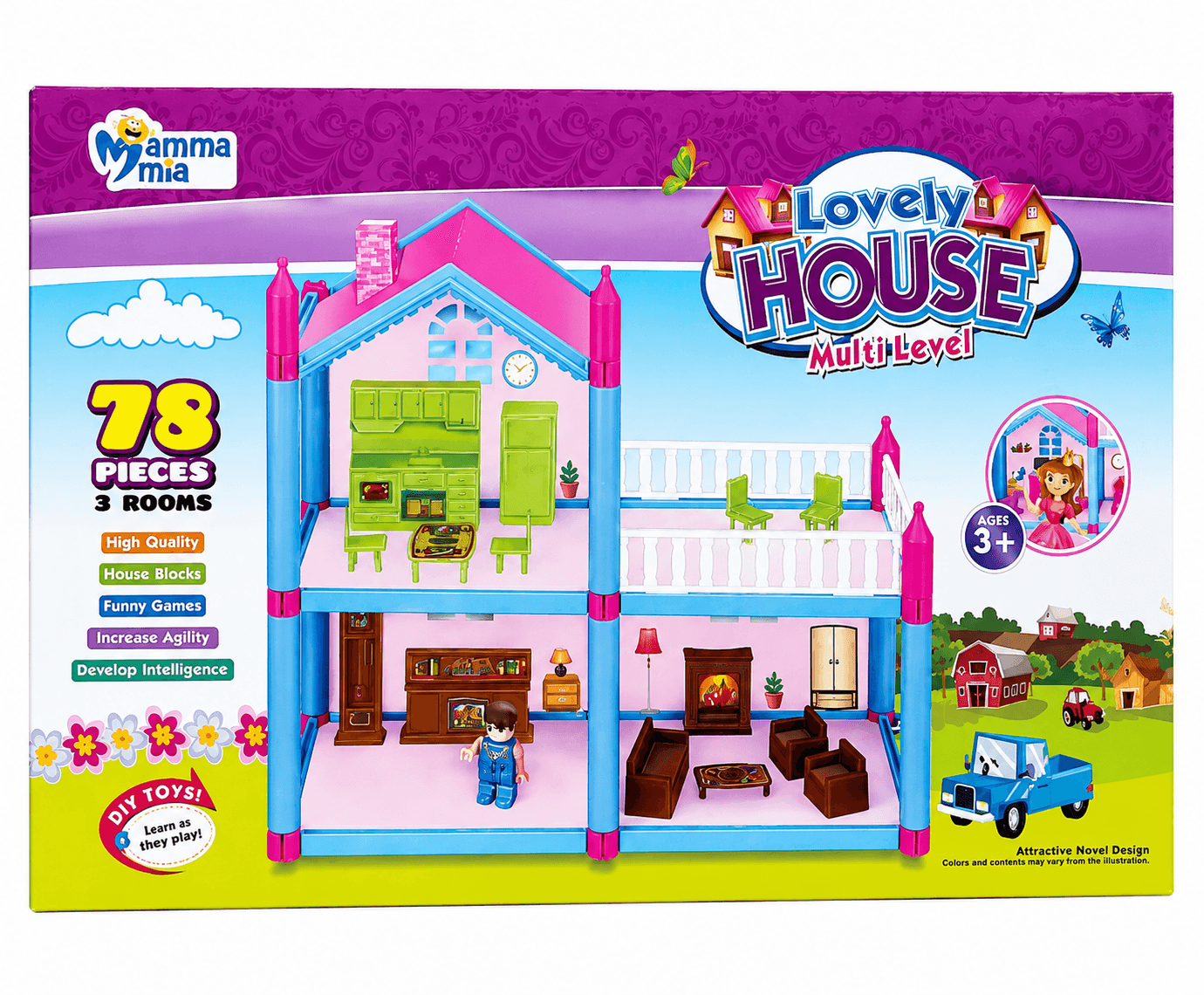 URTOY® Lovely Multi-Level Doll House Playset with 78 Pieces & 3 Rooms for Kids (3+ Years)