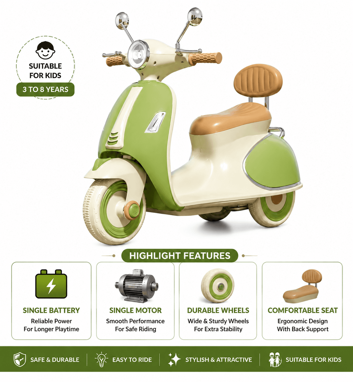 GURTOY® Kids Electric Vespa Ride-On Scooter | Battery Operated Scooter for Kids (3-8 Years)
