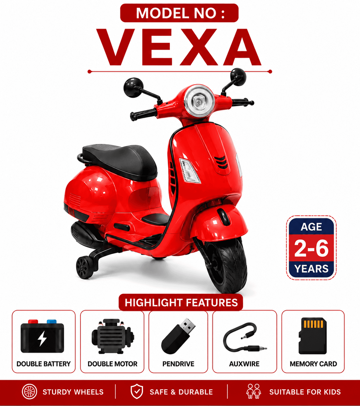 GURTOY® VEXA Kids Electric Vespa Ride-On Scooter | Battery Operated Scooter for Kids (2–6 Years)