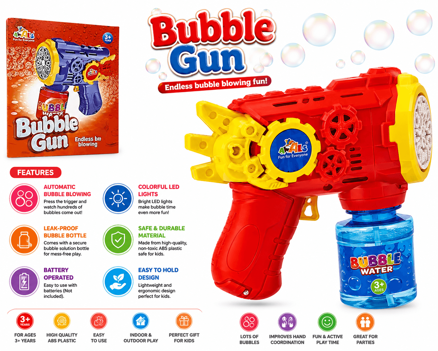 GURTOY® Automatic Bubble Gun Toy for Kids with Bubble Solution | LED Light Bubble Blaster | Bubble Machine for Boys & Girls (3+ Years)