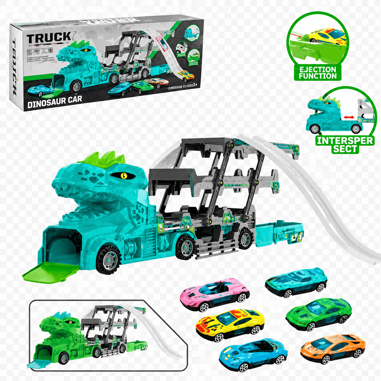 GURTOY® Dinosaur Car Carrier Truck Toy Set with Mini Cars & Racing Track for Kids Primary Keyword: Dinosaur Car Toy Set