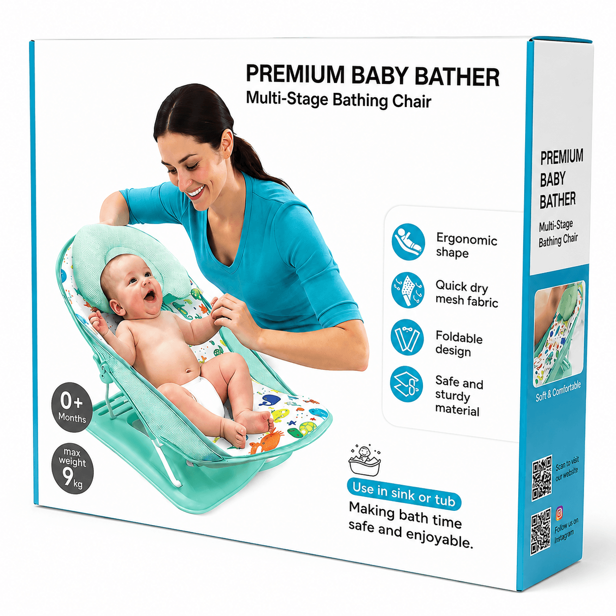GURTOY® Premium Baby Bather Bath Chair for Newborn Babies with Foldable Design & Quick Dry Mesh
