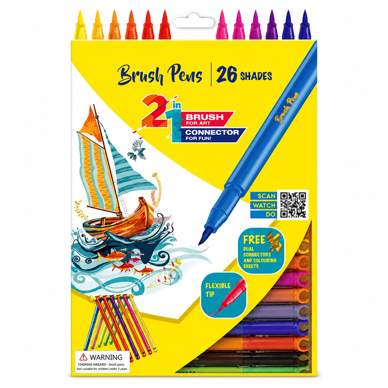 GURTOY® 26 Shades Brush Pens Set for Kids | 2-in-1 Connector Brush Pens for Drawing, Colouring & Art Activities