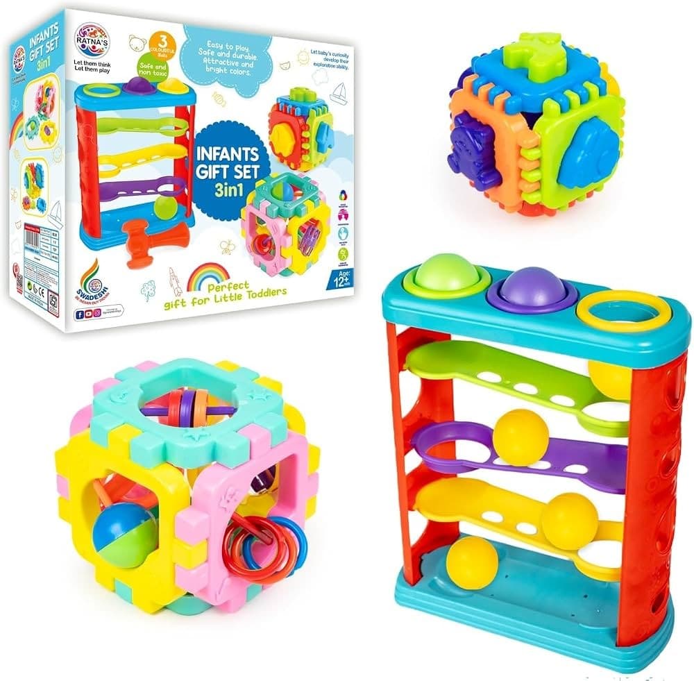 GURTOY® 2-in-1 Shape Sorter & Stacker Educational Toy for Toddlers (18+ Months) – 34 Pieces Rainbow Stacking Tower and Sorting Cube Box