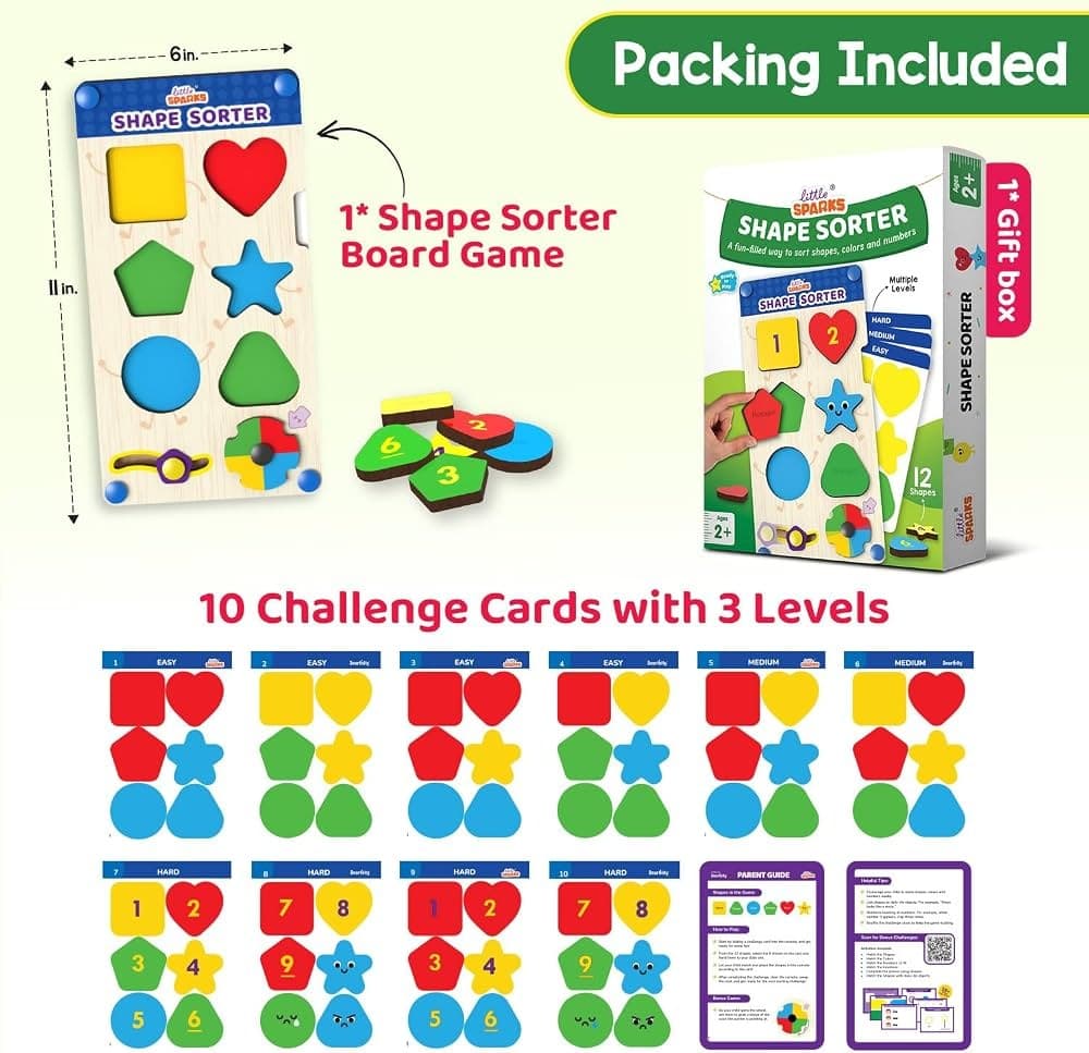 GURTOY® Wooden Shape Sorter Board Game for Kids with Challenge Cards