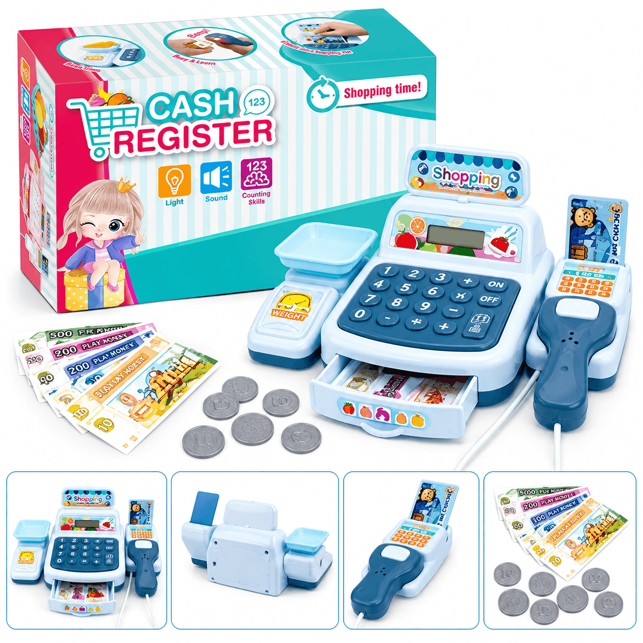 GURTOY® Kids Cash Register Toy Set with Scanner, Calculator & Play Money for Children 3+ Years