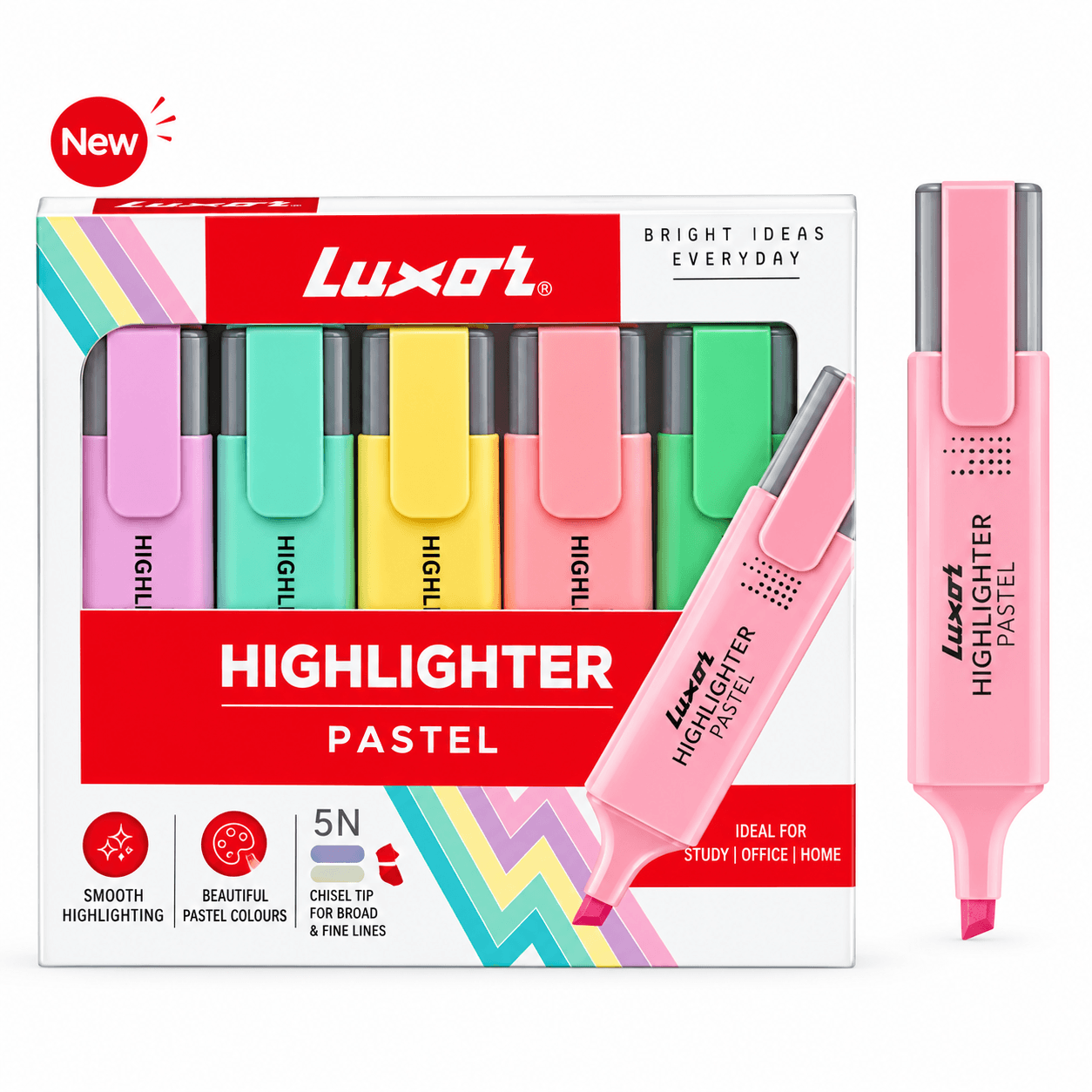 GURTOY® Luxor Pastel Highlighter Set – Pack of 5 Soft Pastel Highlighters for School, Study & Office Use