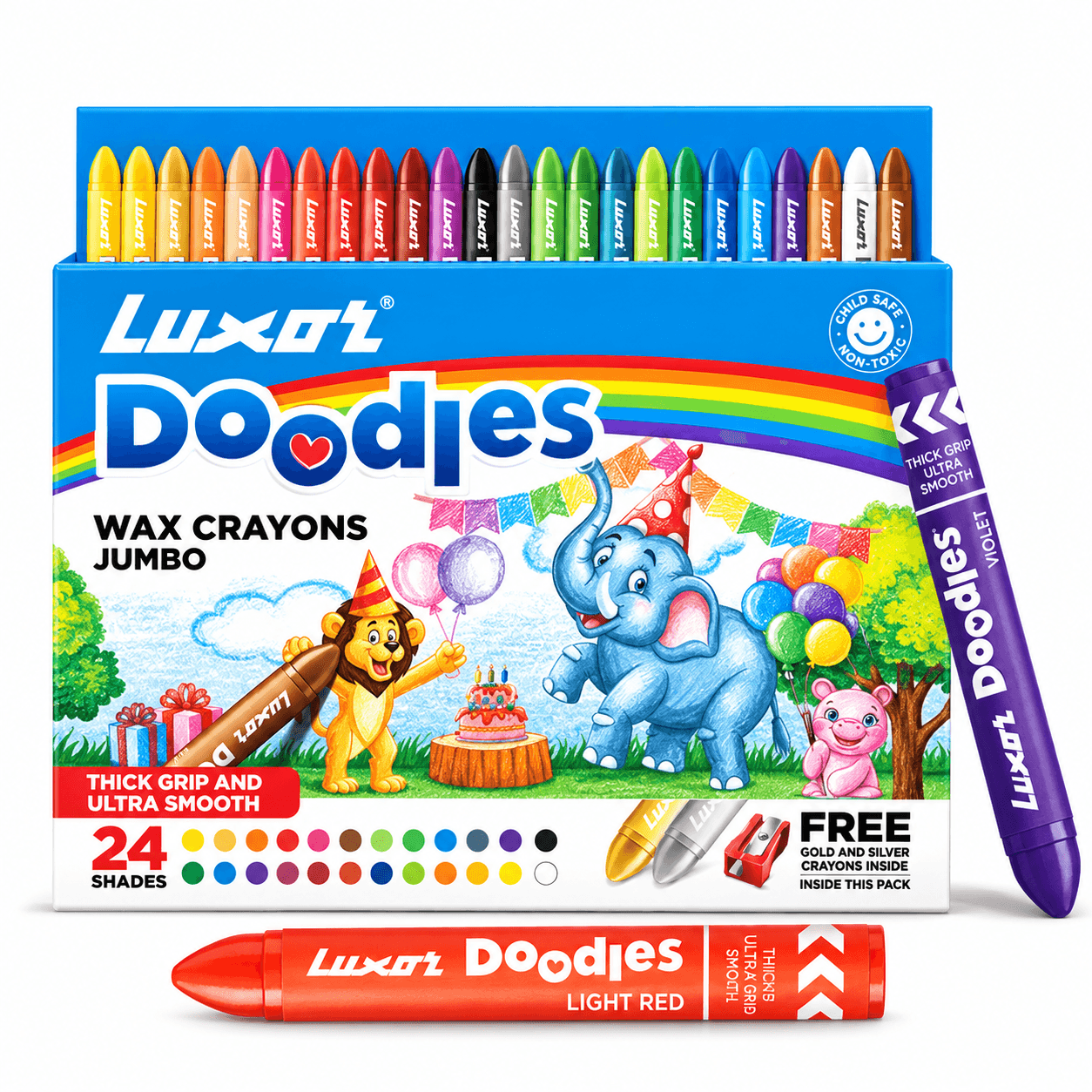 GURTOY® Jumbo Wax Crayons for Kids – 24 Vibrant Colours with Sharpener | Non-Toxic Colouring Set