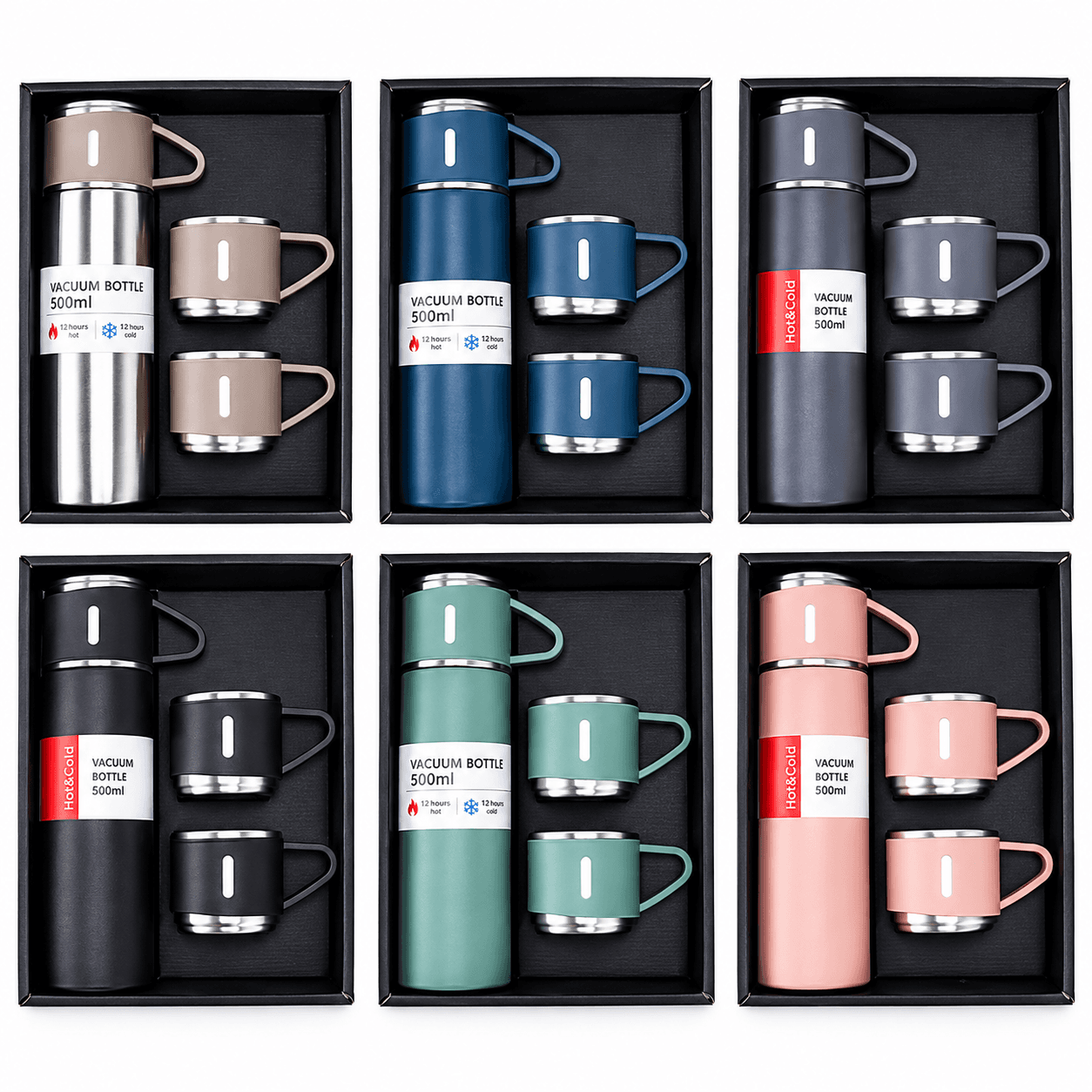 GURTOY® Premium Vacuum Flask Gift Set – 500ml Stainless Steel Thermos Bottle with 2 Cups