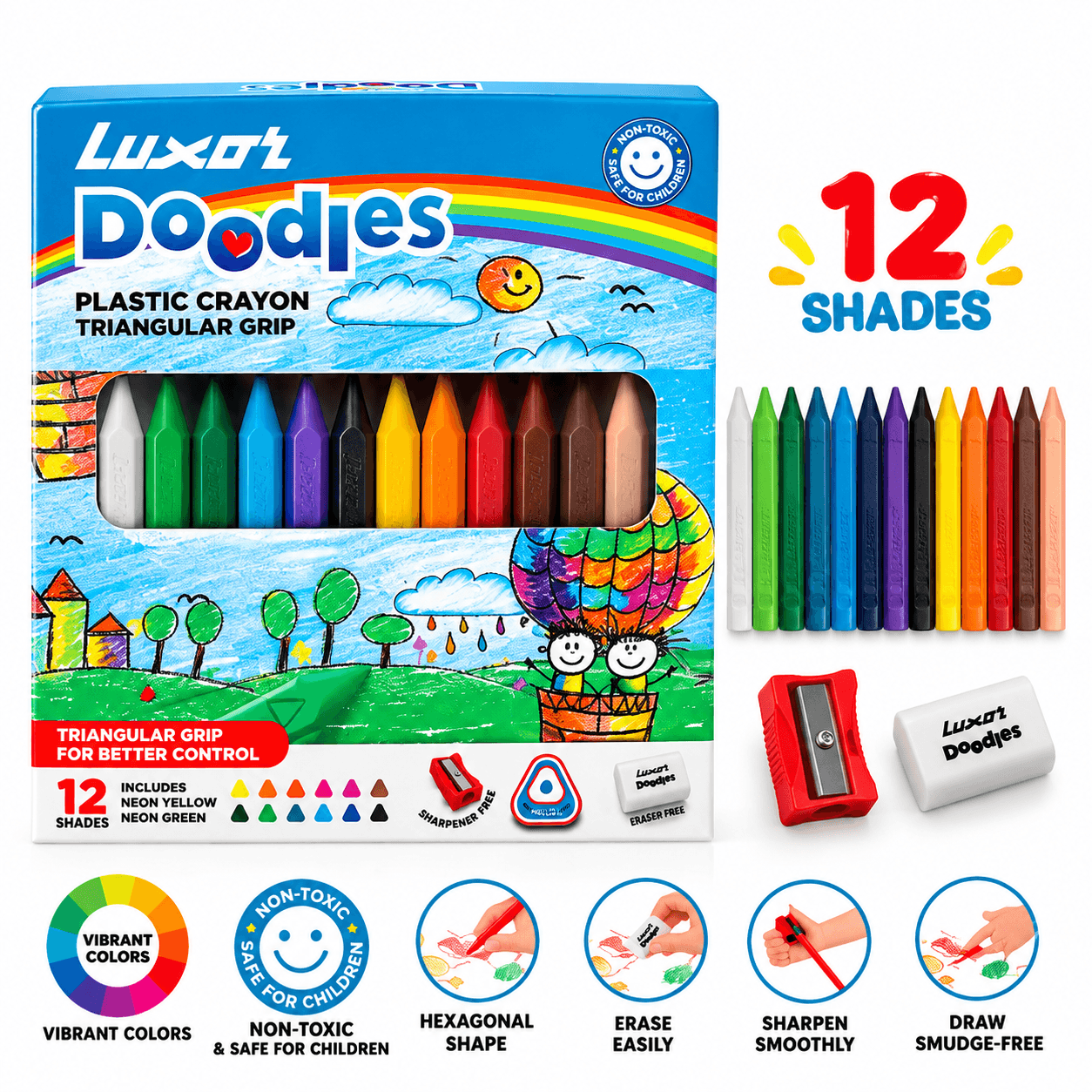 GURTOY® Plastic Crayons Triangular Grip Set – 12 Assorted Shades with Free Eraser & Sharpener for Kids