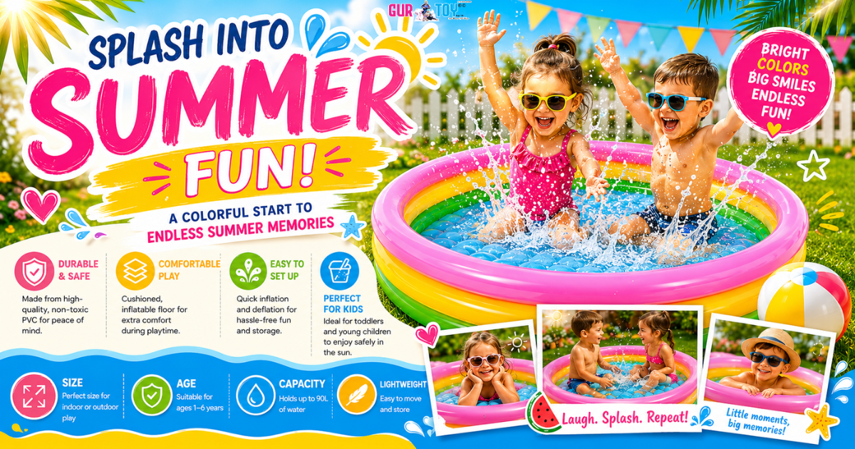Kids enjoying a rainbow inflatable swimming pool in the backyard during summer